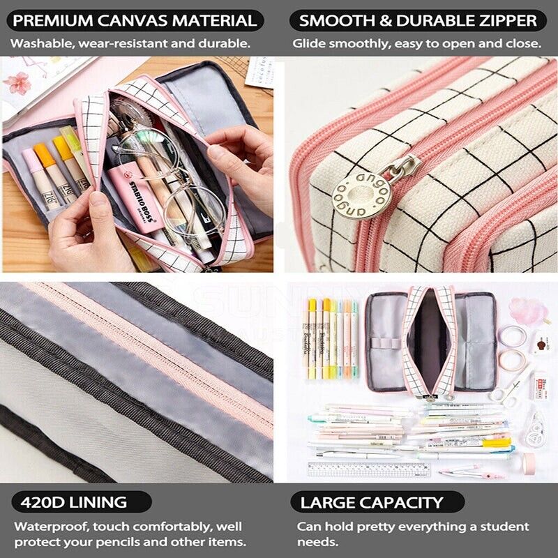 Zipper Pencil Case Large Capacity Canvas with 3 Compartments