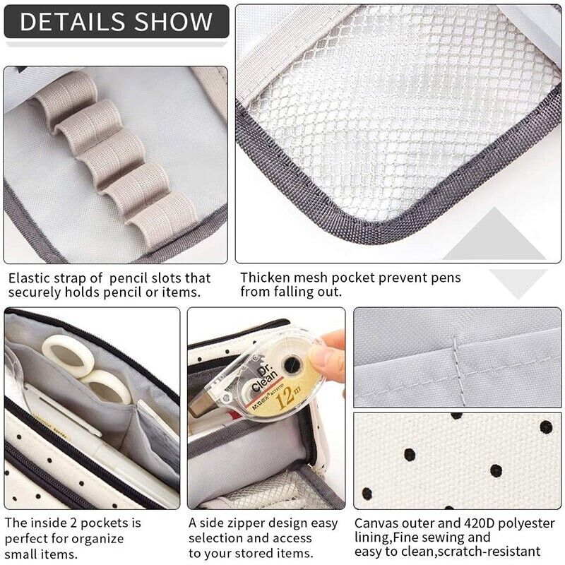 Zipper Pencil Case Large Capacity Canvas with 3 Compartments