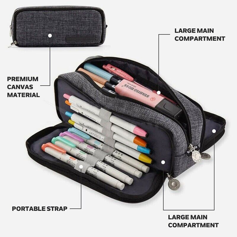 Zipper Pencil Case Large Capacity Canvas with 3 Compartments