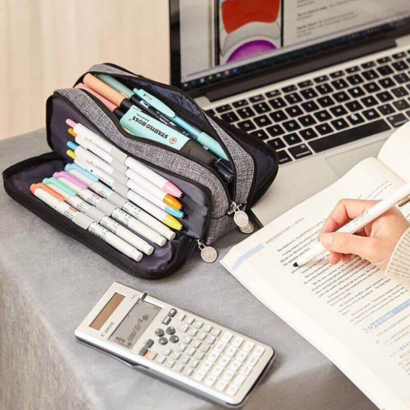Zipper Pencil Case Large Capacity Canvas with 3 Compartments