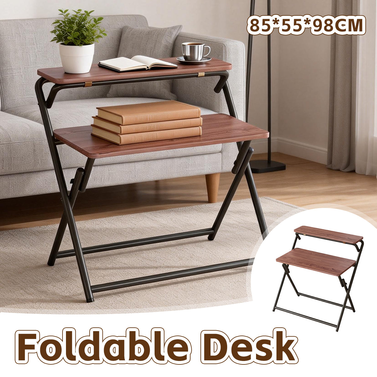 Double Layer Foldable Desk with Metal Frame Study