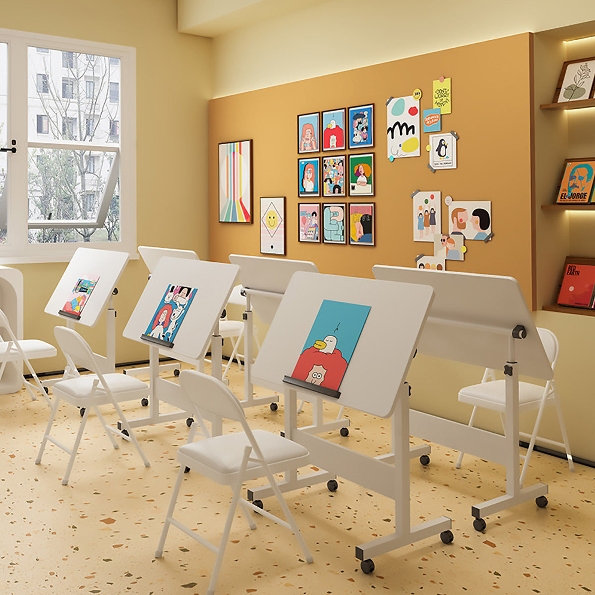 Moveable Foldable Table with Wheels Adjustable Height
