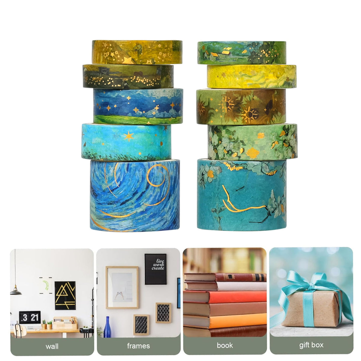 10 Rolls Gold Foil Washi Tape Set for Scrapbooking