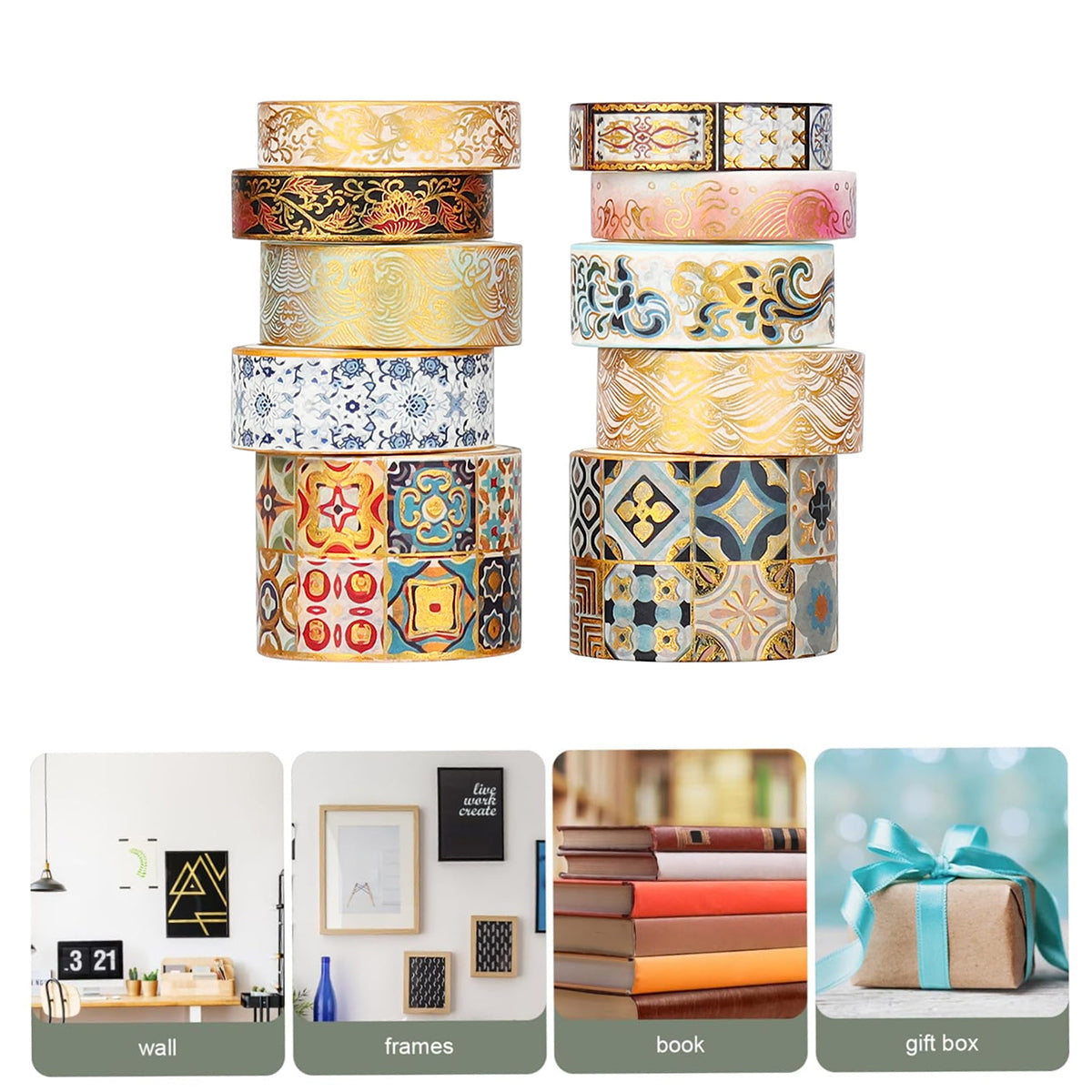 10 Rolls Gold Foil Washi Tape Set for Scrapbooking