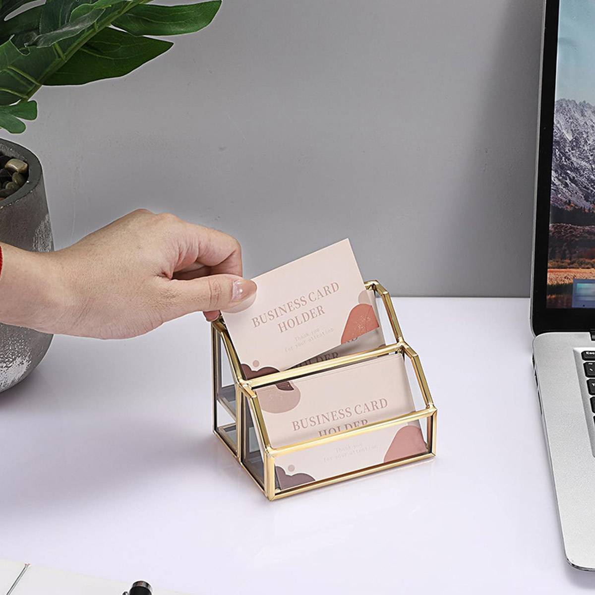 2-Slot Metal Business Card Holder Glass Panels