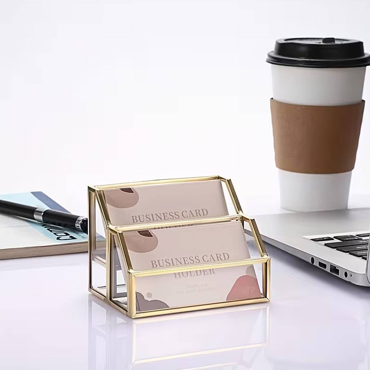 2-Slot Metal Business Card Holder Glass Panels