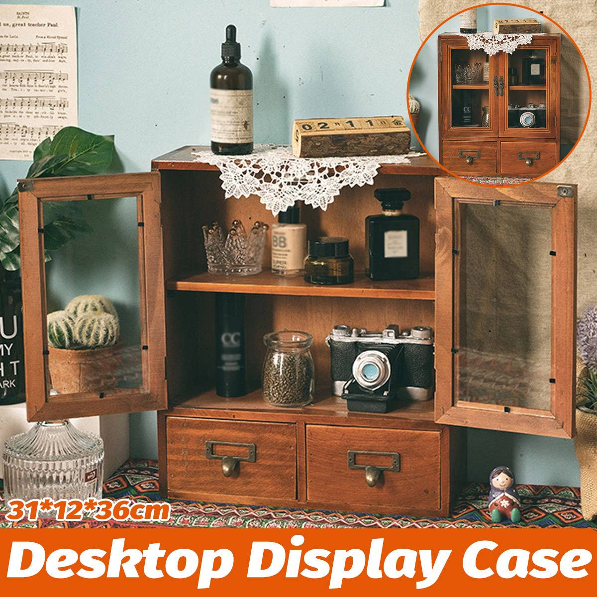 Nordic Wooden Retro Display Cabinet Double Doors