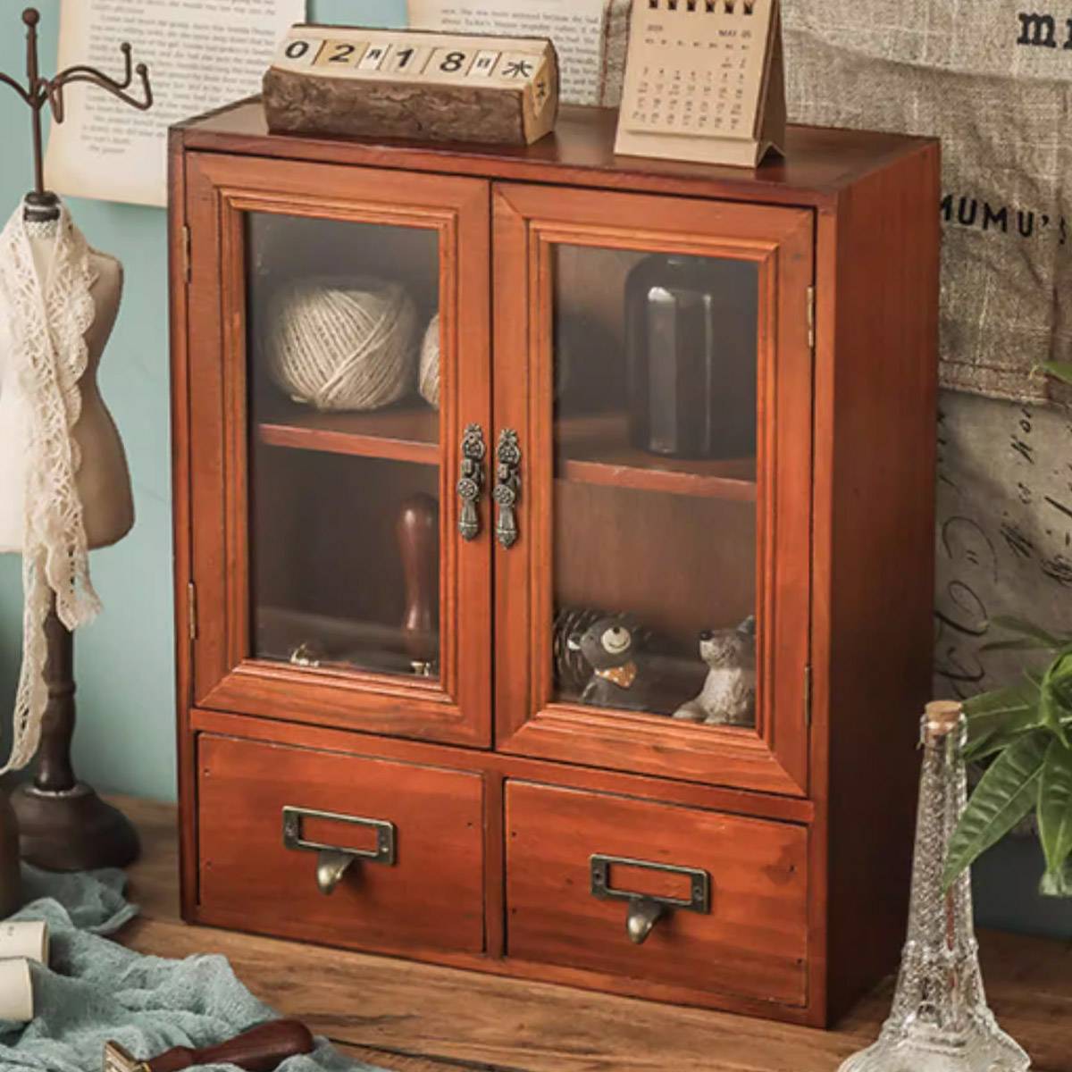 Nordic Wooden Retro Display Cabinet Double Doors