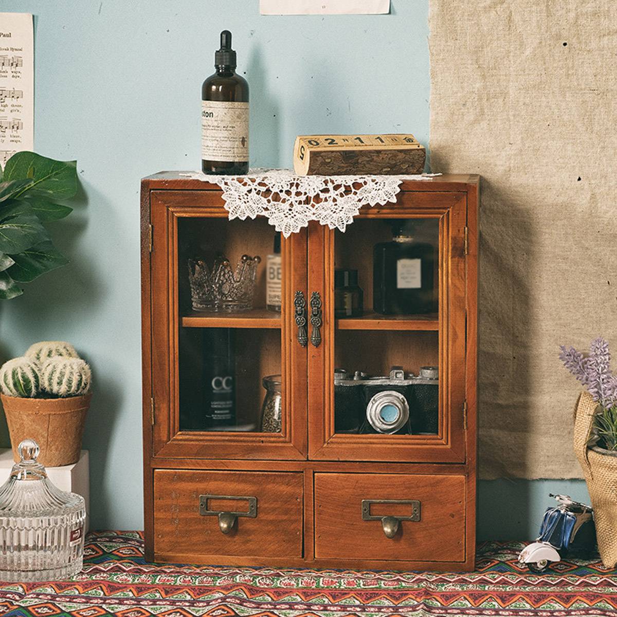 Nordic Wooden Retro Display Cabinet Double Doors