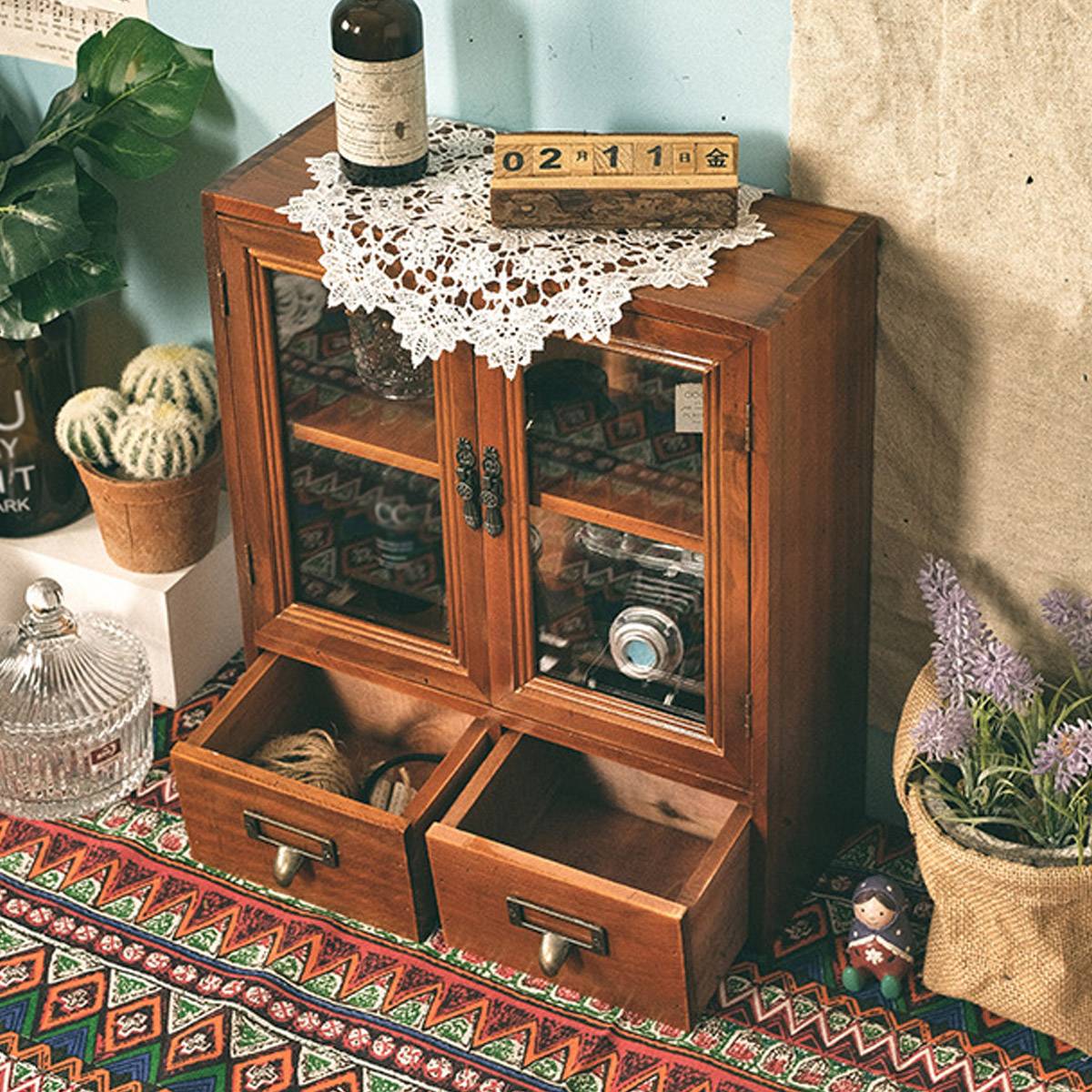 Nordic Wooden Retro Display Cabinet Double Doors