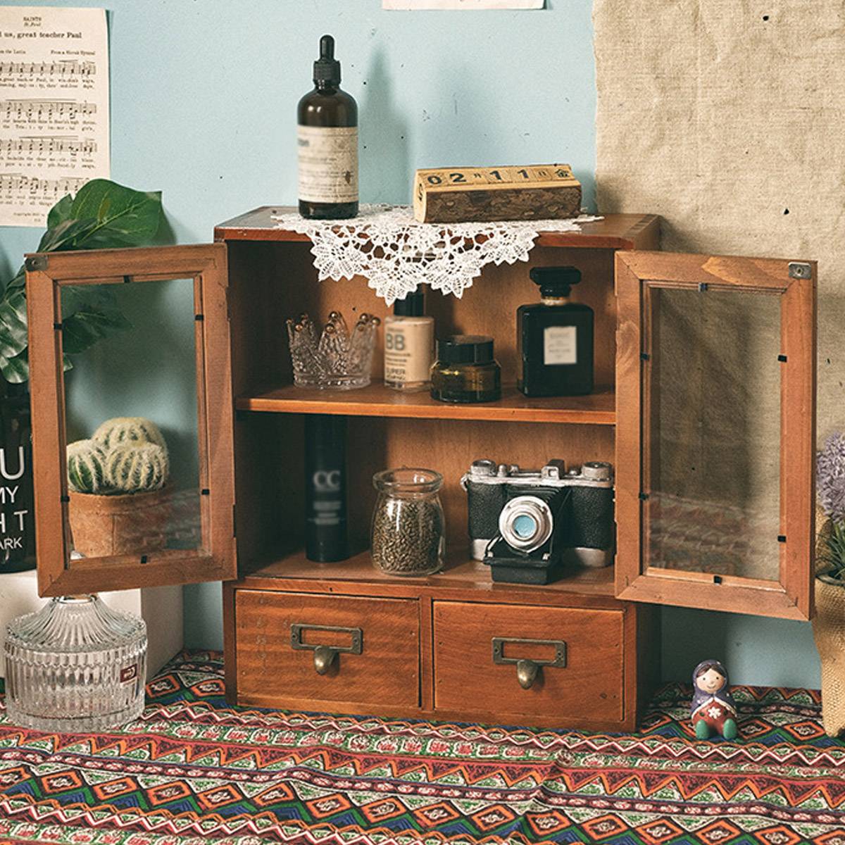 Nordic Wooden Retro Display Cabinet Double Doors
