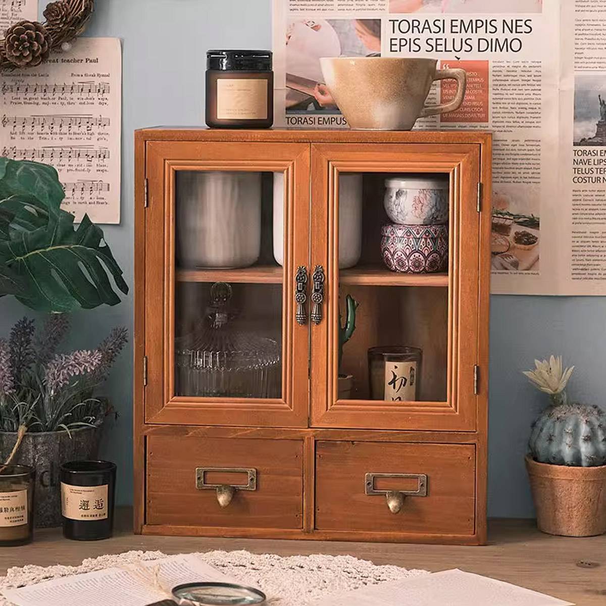 Nordic Wooden Retro Display Cabinet Double Doors