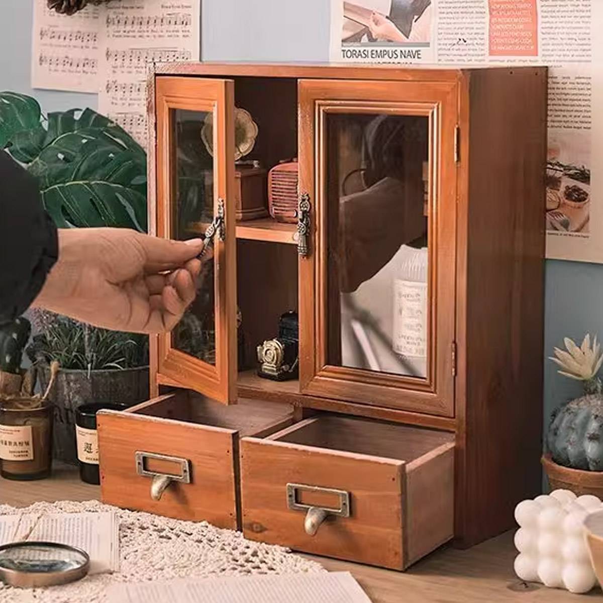 Nordic Wooden Retro Display Cabinet Double Doors