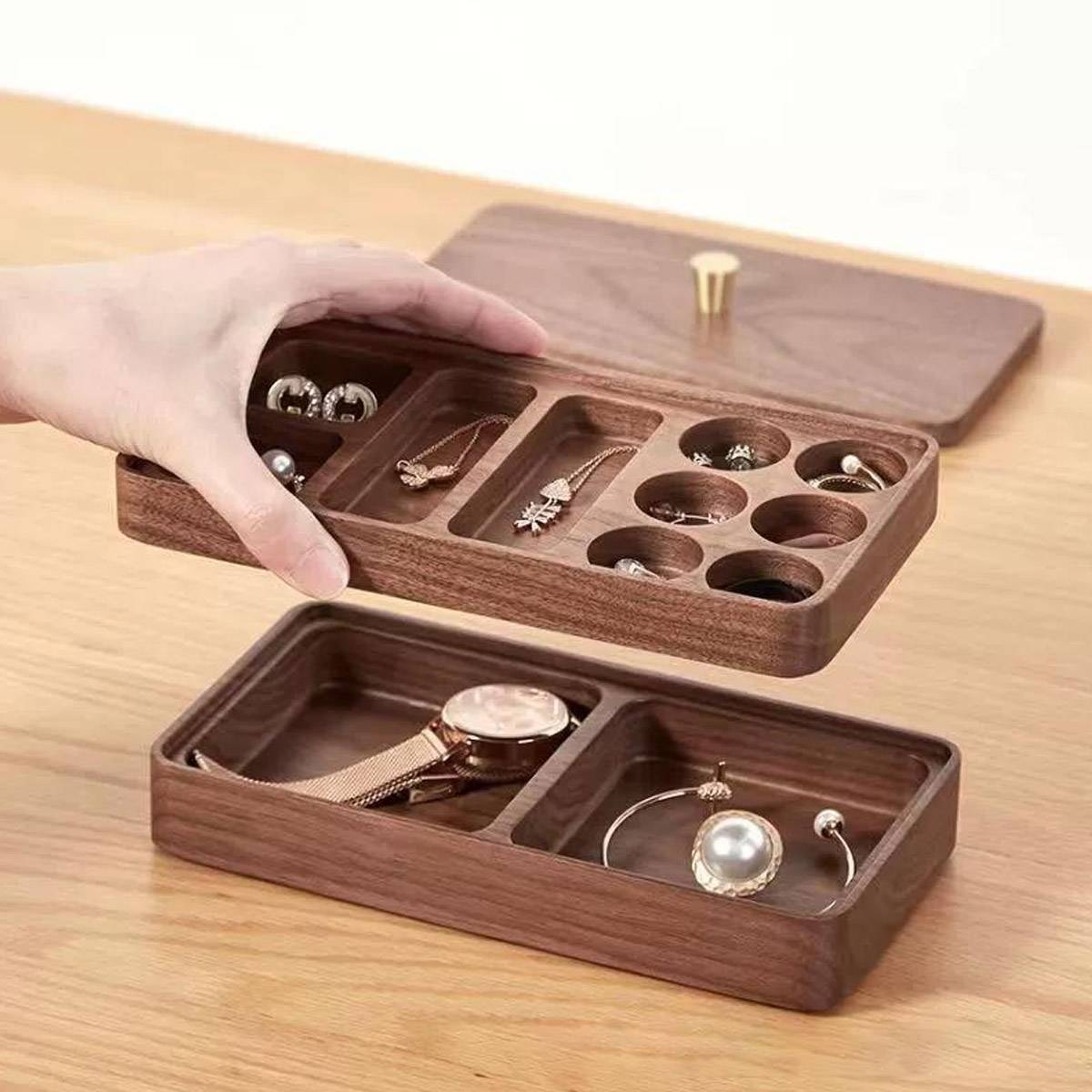 Double-Layer Wooden Jewelry Storage Box Dustproof Lid