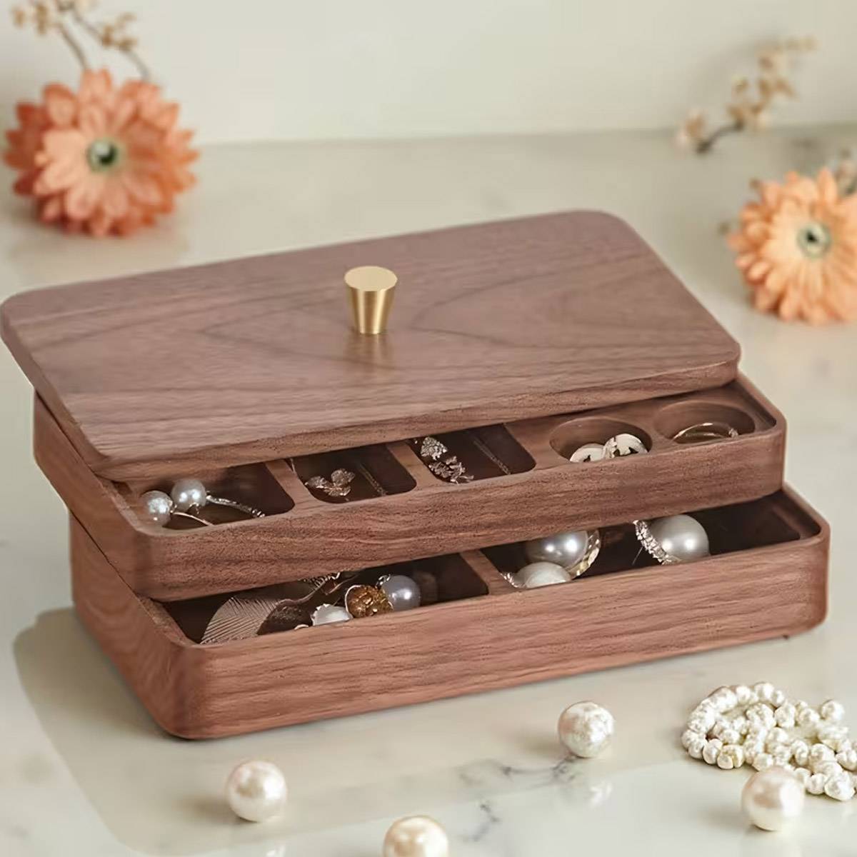 Double-Layer Wooden Jewelry Storage Box Dustproof Lid