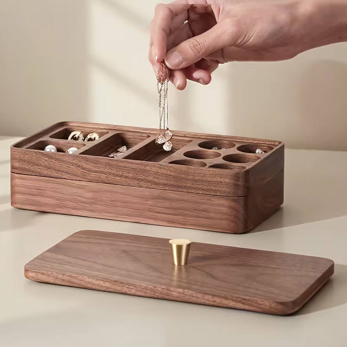Double-Layer Wooden Jewelry Storage Box Dustproof Lid