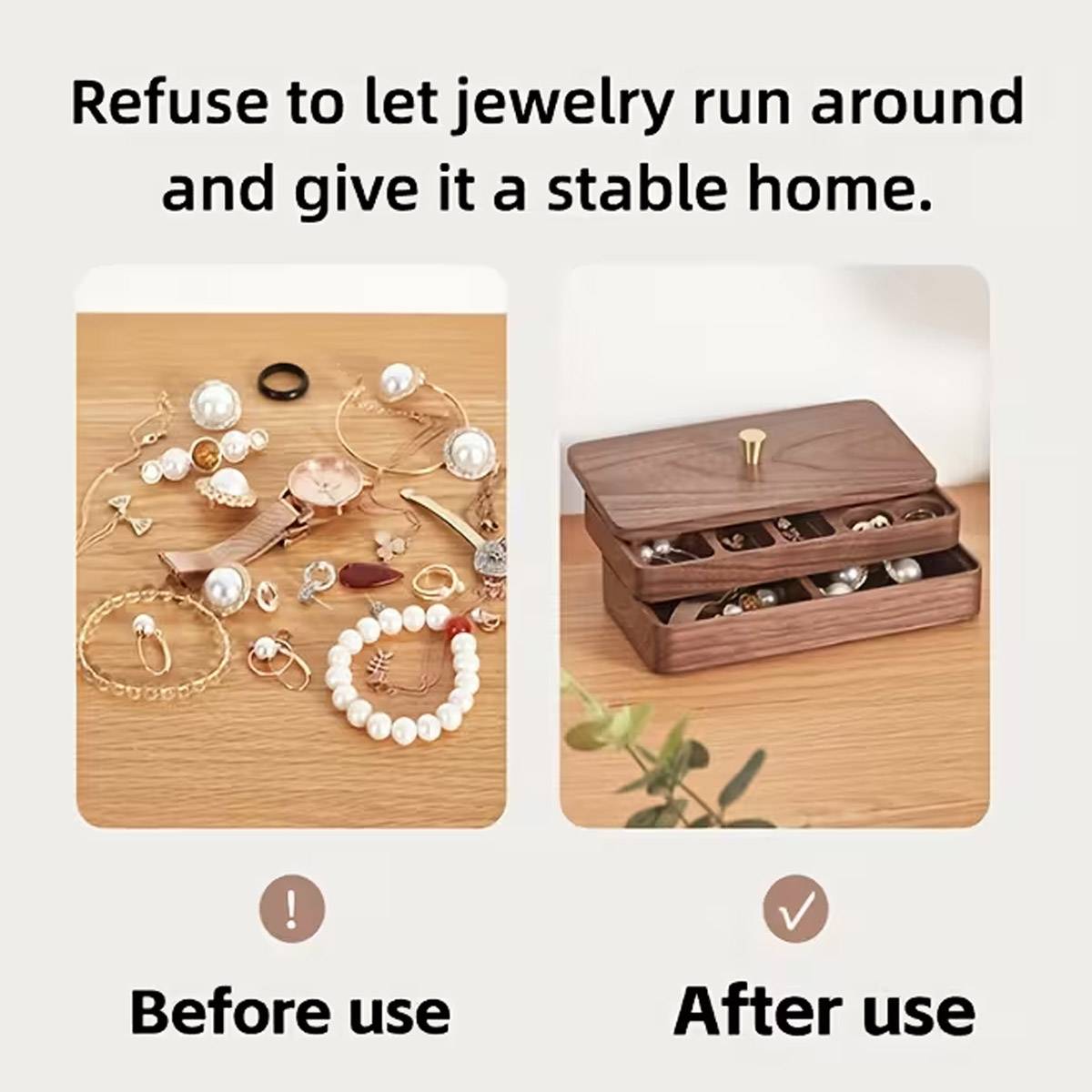 Double-Layer Wooden Jewelry Storage Box Dustproof Lid