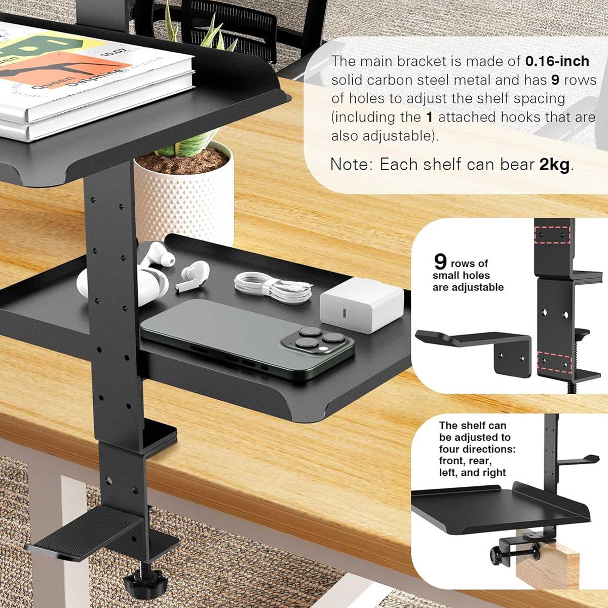 3-Tier Multi Function Side Table Shelf for Desk