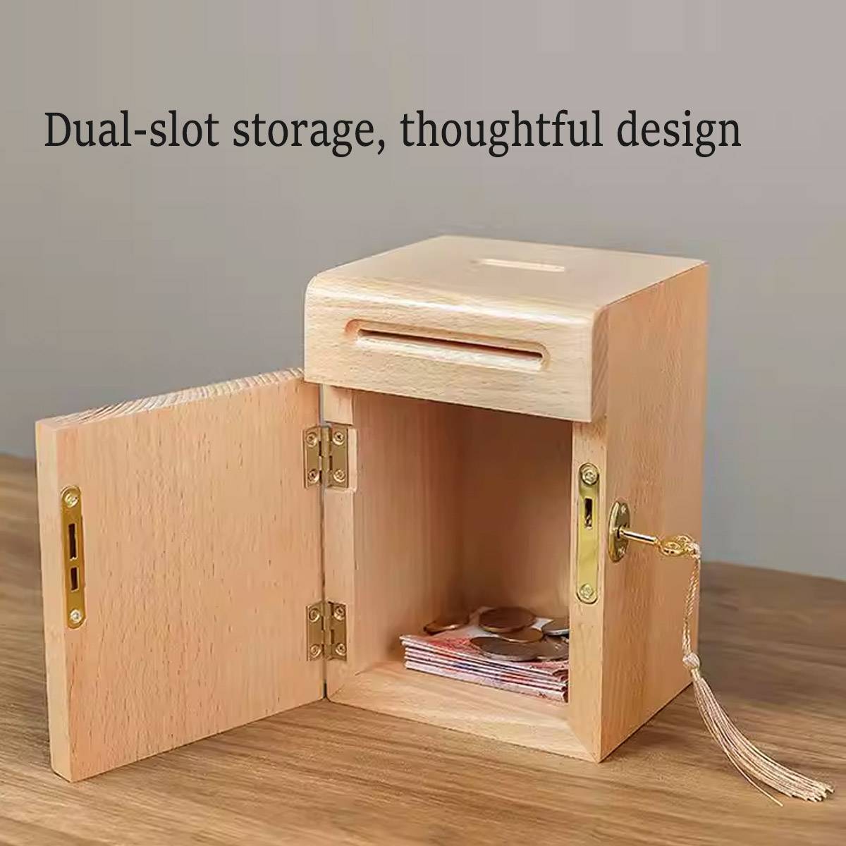 Lockable Wooden Piggy Bank with Key for Savings