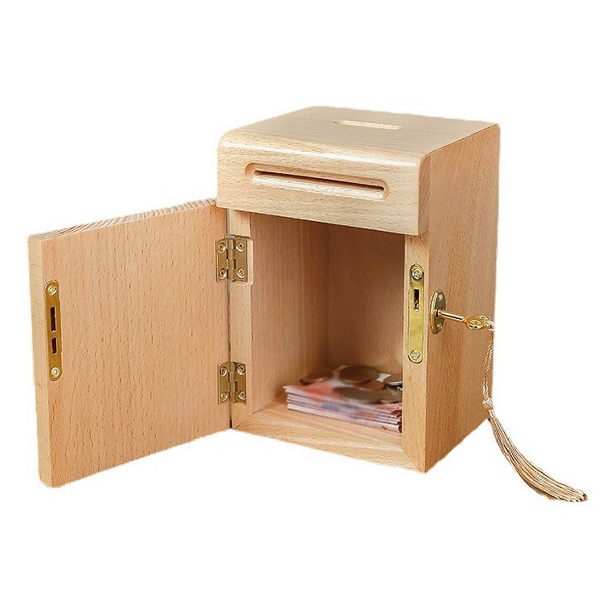 Lockable Wooden Piggy Bank with Key for Savings