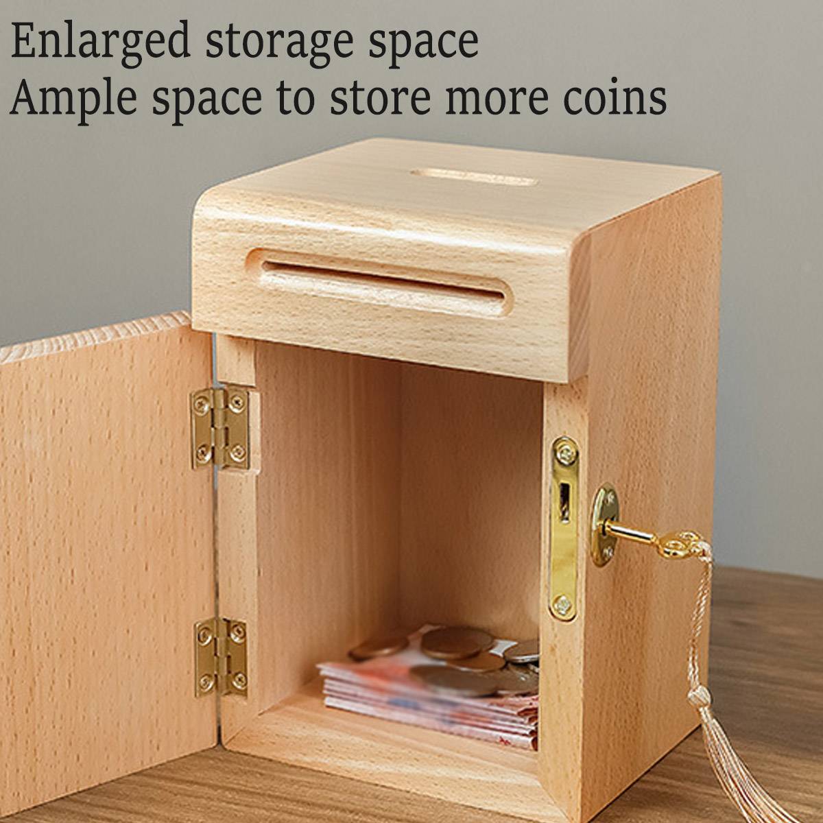 Lockable Wooden Piggy Bank with Key for Savings