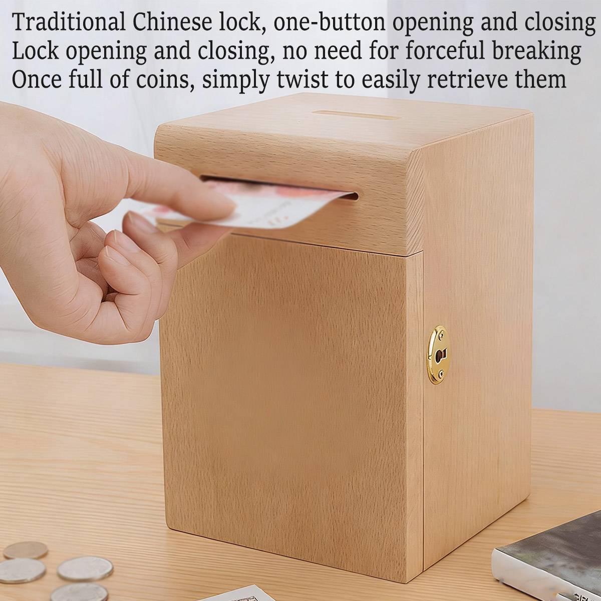 Lockable Wooden Piggy Bank with Key for Savings