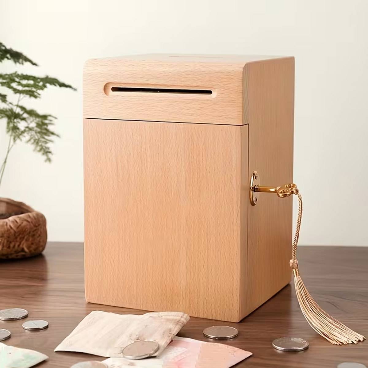 Lockable Wooden Piggy Bank with Key for Savings