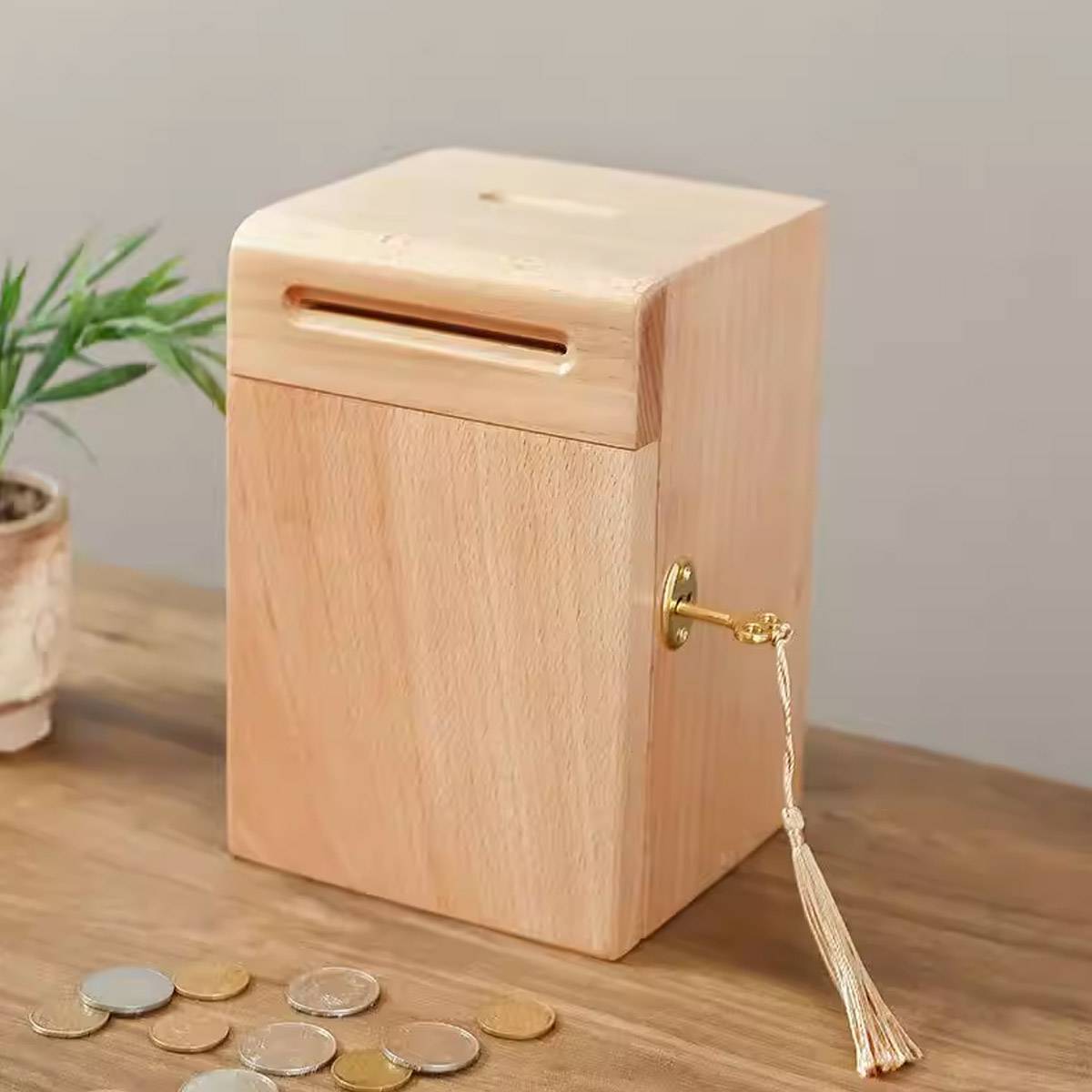 Lockable Wooden Piggy Bank with Key for Savings