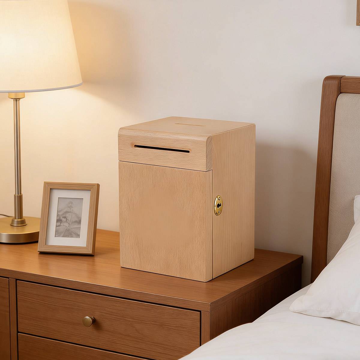 Lockable Wooden Piggy Bank with Key for Savings