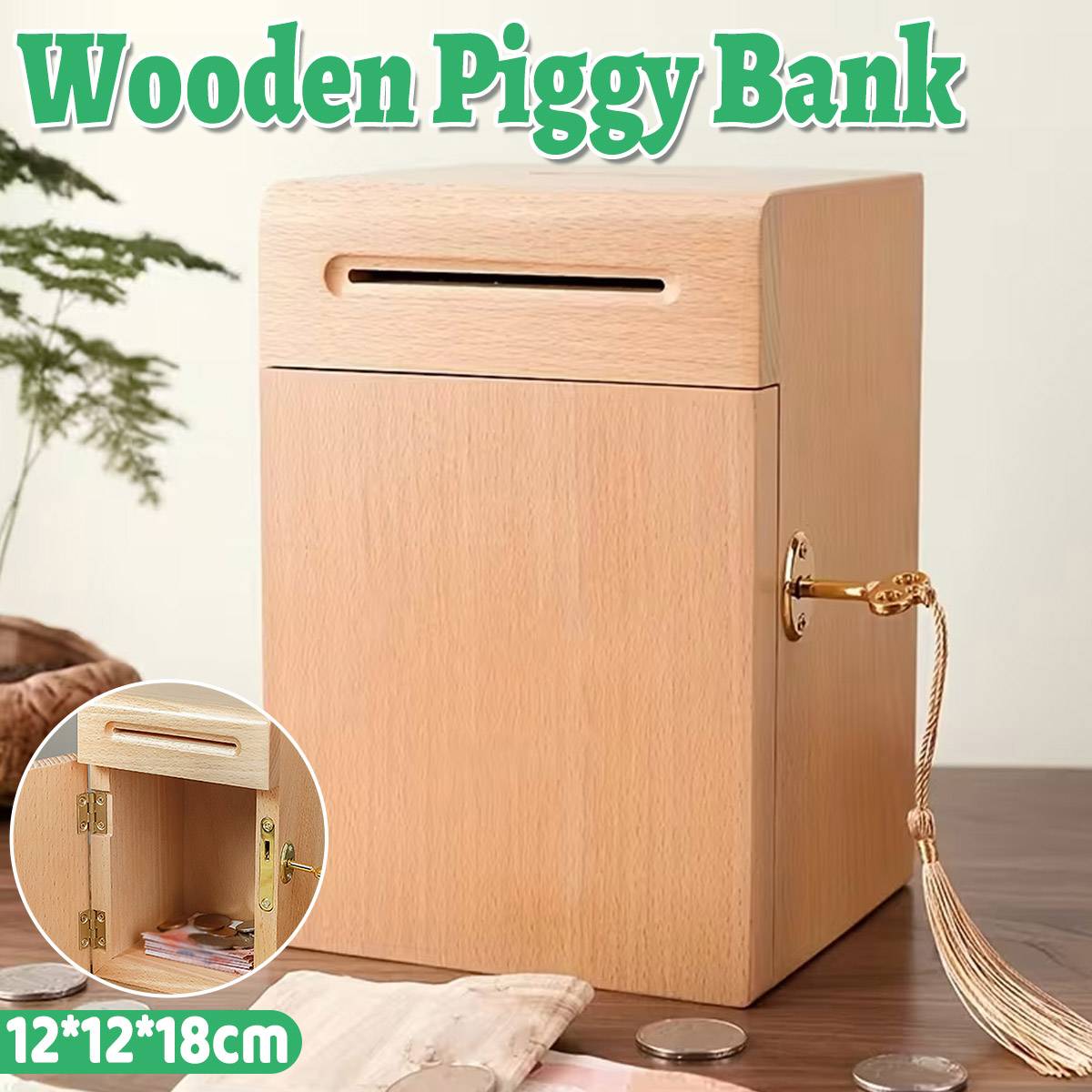 Lockable Wooden Piggy Bank with Key for Savings