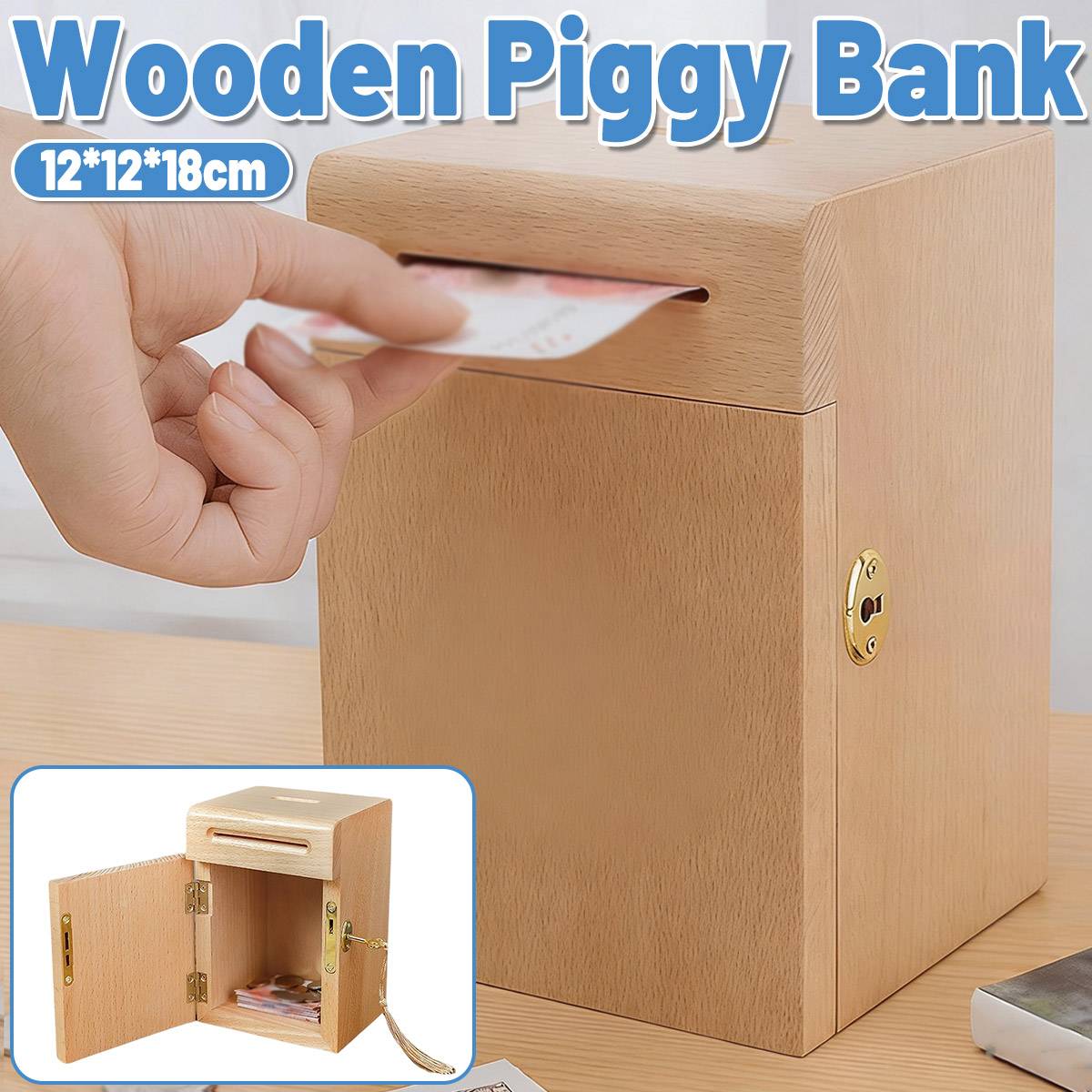 Lockable Wooden Piggy Bank with Key for Savings