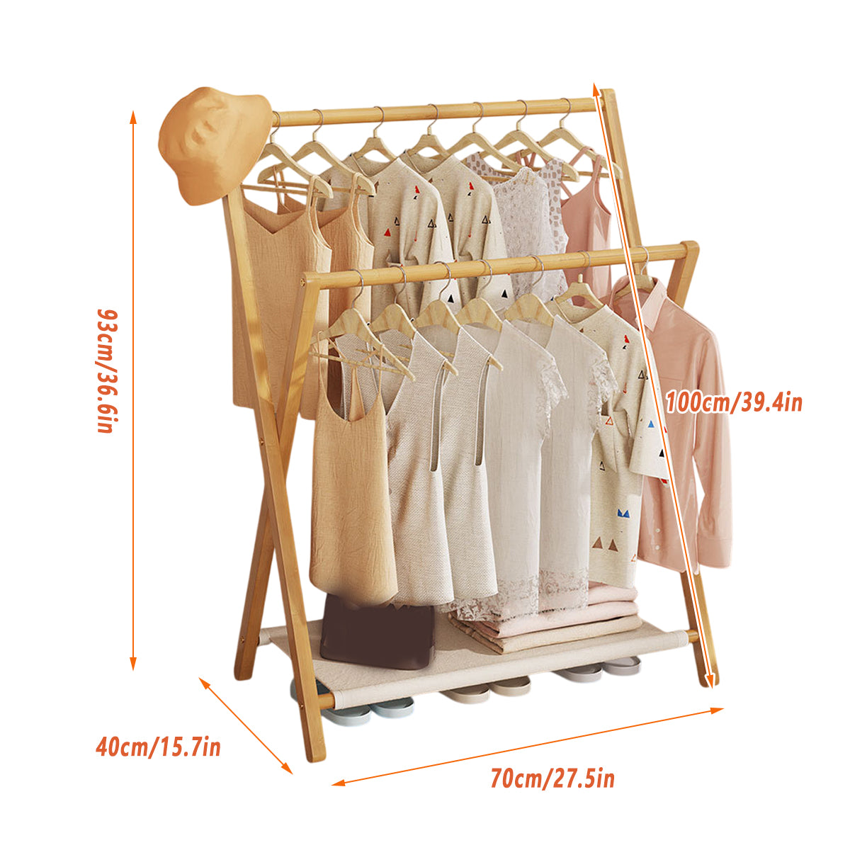 Foldable Bamboo Clothes Rack with Fabric Shelf